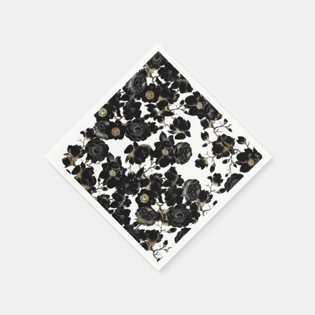 Modern Elegant Black White and Gold Floral Pattern Napkin (Corner)