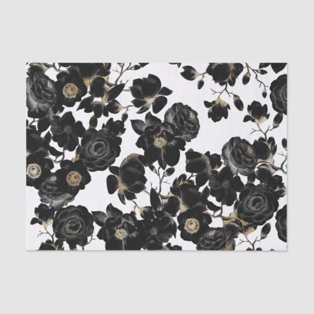 Modern Elegant Black White and Gold Floral Pattern Tissue Paper (Front)