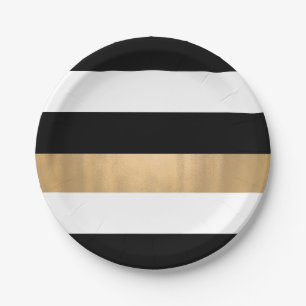 Modern Elegant Black, White and Gold Striped Paper Plate