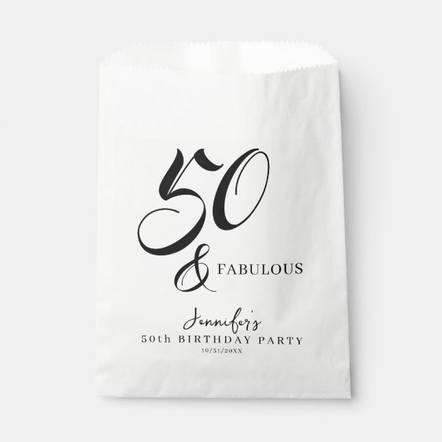 Modern Elegant Black White Fifty Fabulous Birthday Favour Bag (Front)