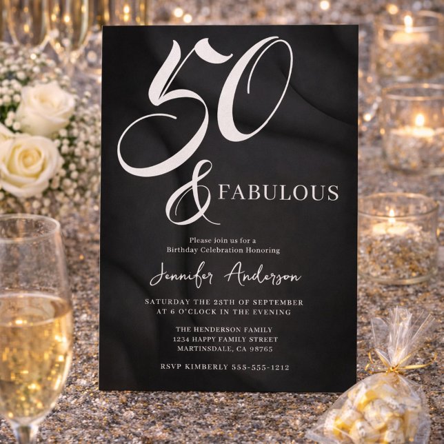 Modern Elegant Black White Fifty Fabulous Birthday Invitation Postcard (Creator Uploaded)