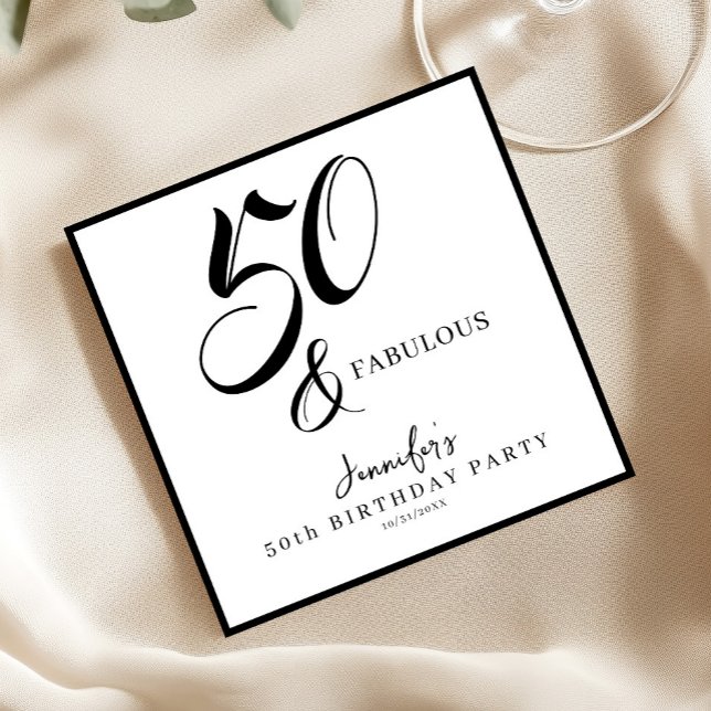 Modern Elegant Black White Fifty Fabulous Birthday Napkin (Creator Uploaded)