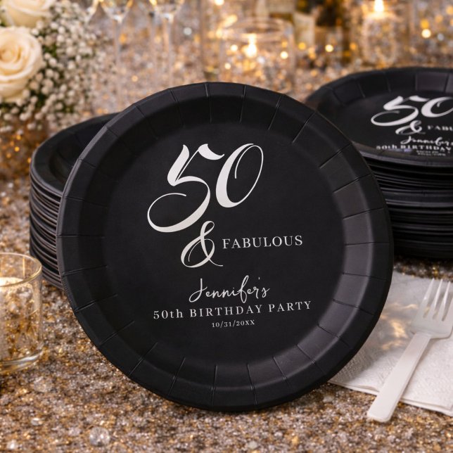 Modern Elegant Black White Fifty Fabulous Birthday Paper Plate (Creator Uploaded)