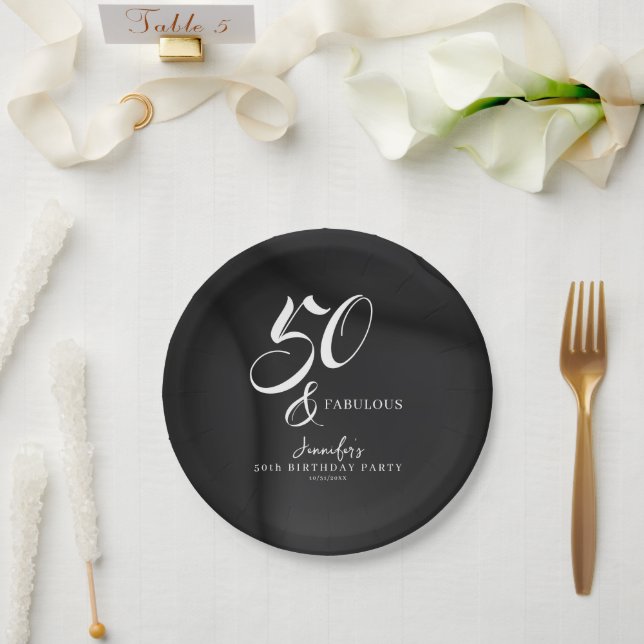 Modern Elegant Black White Fifty Fabulous Birthday Paper Plate (Wedding)