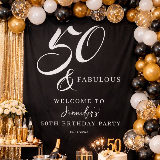 Modern Elegant Black White Fifty Fabulous Birthday Tapestry (Creator Uploaded)