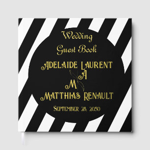 Modern Elegant Black & White Gold Striped Wedding Guest Book