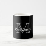 Modern Elegant Black White Handwritten Monogrammed Coffee Mug<br><div class="desc">Modern,  minimalist black and white personalized name monogrammed mug. It features a monogram initial in serif style font and pretty handwritten first name text template in grey,  white colour on black background. Great girly,  feminine personalized gift. If you need help or matching items,  please contact to me.</div>
