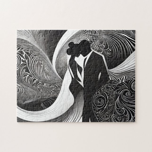 Modern Elegant Black & White Magic Couple Abstract Jigsaw Puzzle (Horizontal)