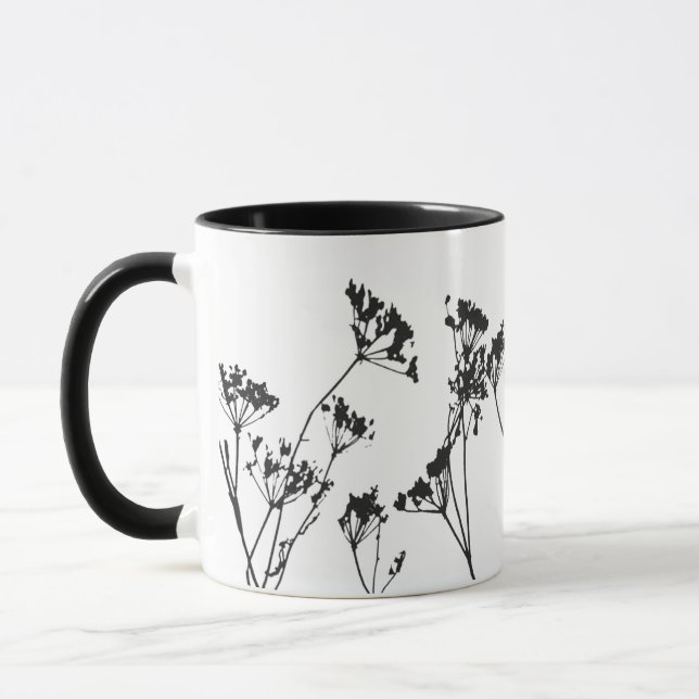 Modern Elegant Black White Meadow Flowers Mug (Left)