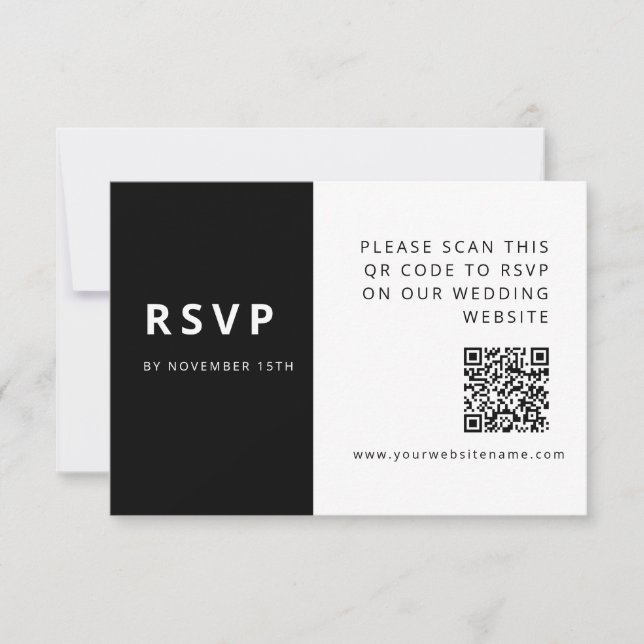 Modern Elegant Black & White Minimaliist QR Code RSVP Card (Front)