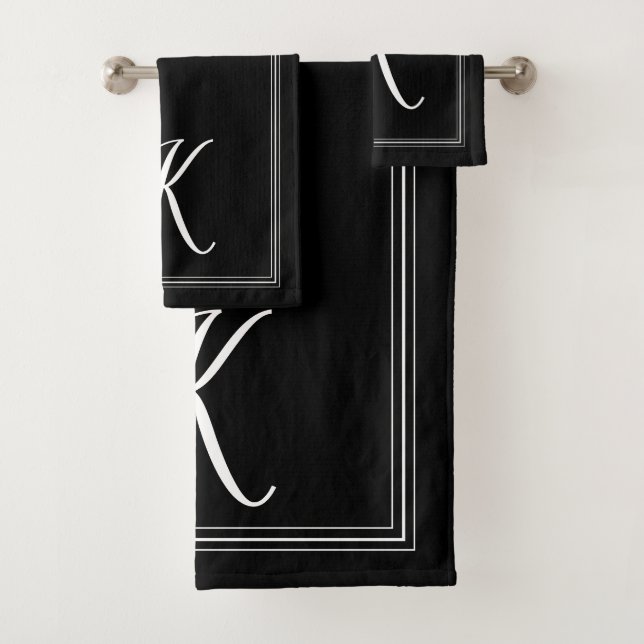 Modern Elegant Black White Monogram Script Bath Towel Set (Insitu)