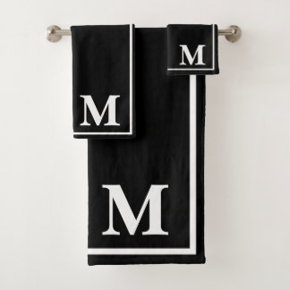 Modern Elegant Black &white Monogram Script Name Bath Towel Set