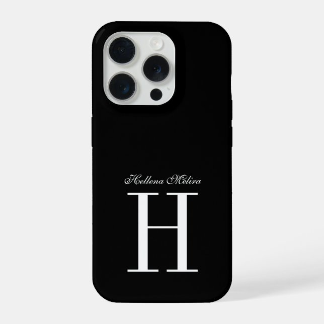 Modern Elegant Black White Monogram Script Name iPhone Case (Back)