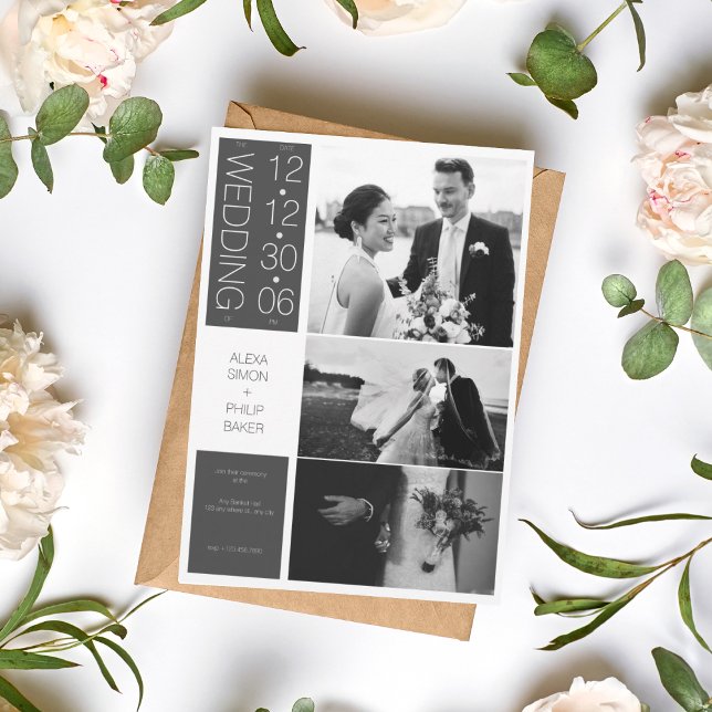 Modern Elegant Black White Photo Collage Wedding Holiday Card (1)