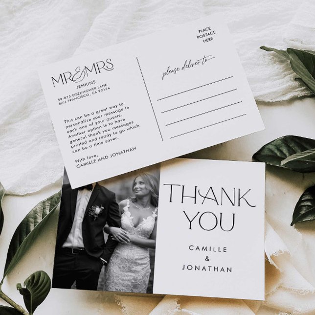 Modern Elegant Black White Photo Wedding Thank you Postcard (Elegant Modern Photo Wedding Thank you Post Card)