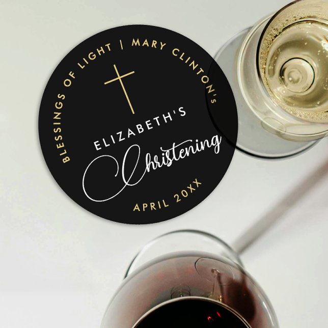 Modern Elegant Black White Religious Gold Cross Round Paper Coaster (Creator Uploaded)