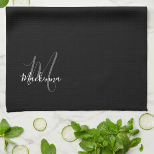 Modern Elegant Black White Script Name Monogram Kitchen Towel
