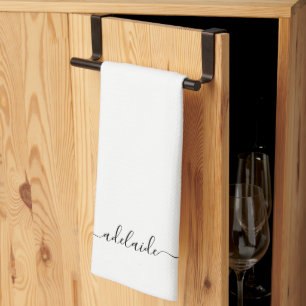 Modern Elegant Black White Script Name Monogram Kitchen Towel