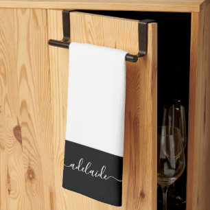 Modern Elegant Black White Script Name Monogram Kitchen Towel