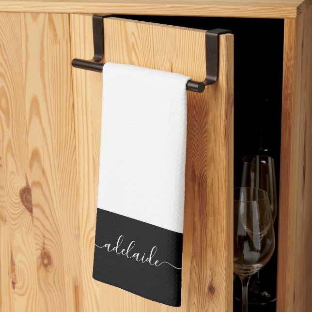 Modern Elegant Black White Script Name Monogram Kitchen Towel (Thirds Fold)