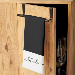 Modern Elegant Black White Script Name Monogram Kitchen Towel