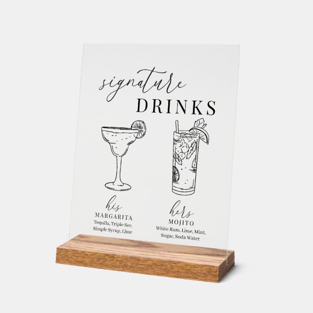 Modern Elegant Black & White Signature Drinks Acrylic Sign (Angle)