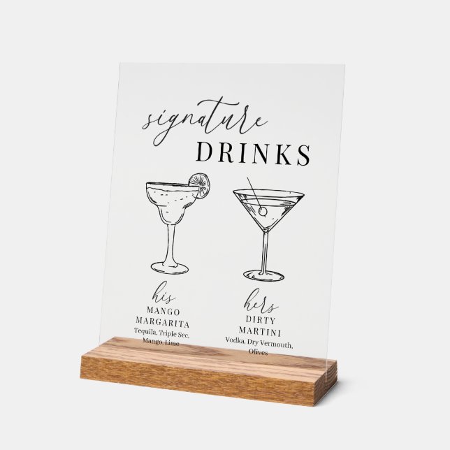 Modern Elegant Black & White Signature Drinks Acrylic Sign (Angle)