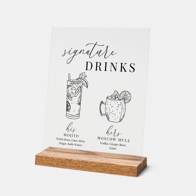 Modern Elegant Black & White Signature Drinks Acrylic Sign (Angle)