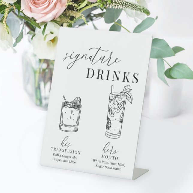 Modern Elegant Black & White Signature Drinks Pedestal Sign (Creator Uploaded)