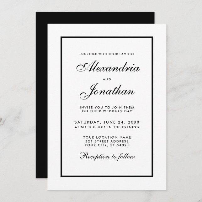 Modern Elegant Black & White Wedding Invitation (Front/Back)