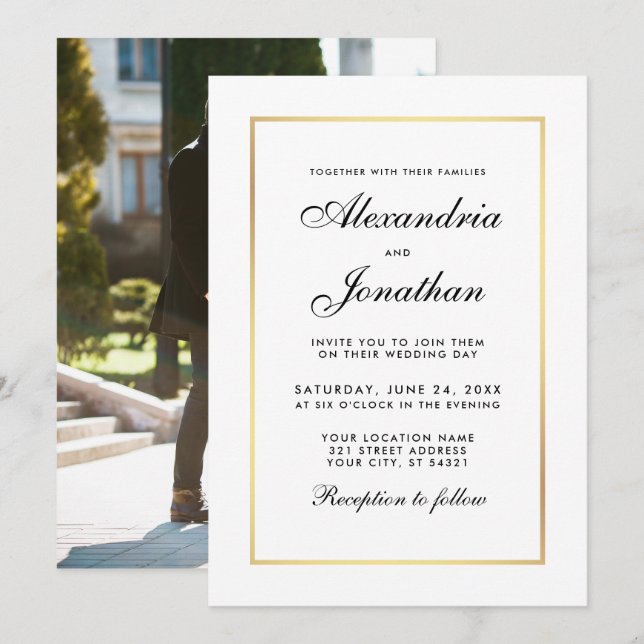 Modern Elegant Black White Wedding Invite - Photo (Front/Back)