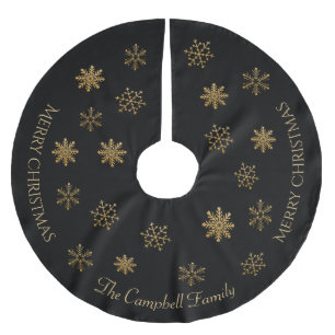 Modern Elegant Black With Gold Snowflakes Family Brushed Polyester Tree Skirt