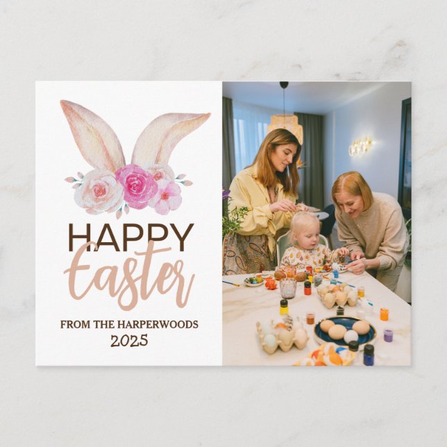 Modern Elegant Blessings Happy Easter Family photo Holiday Postcard (Front)