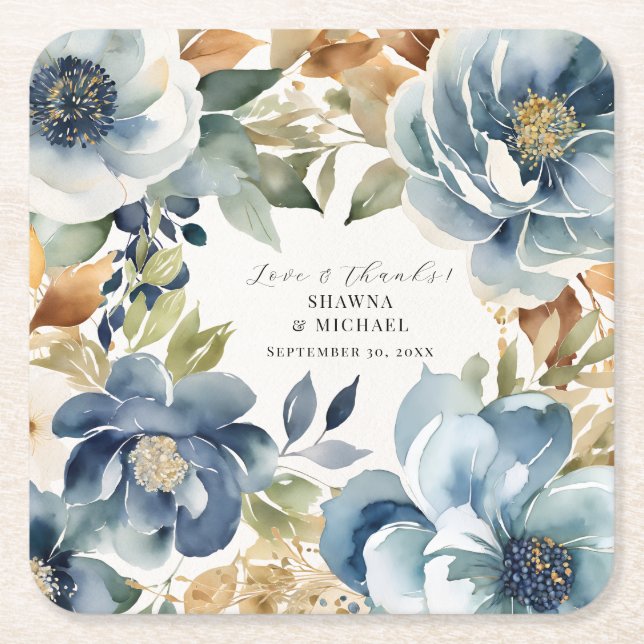Modern Elegant Blue and Gold Fall Floral Wedding Square Paper Coaster (Front)