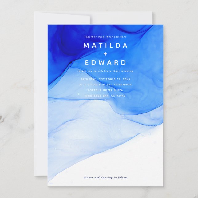 modern elegant blue and white wedding announcement (Front)