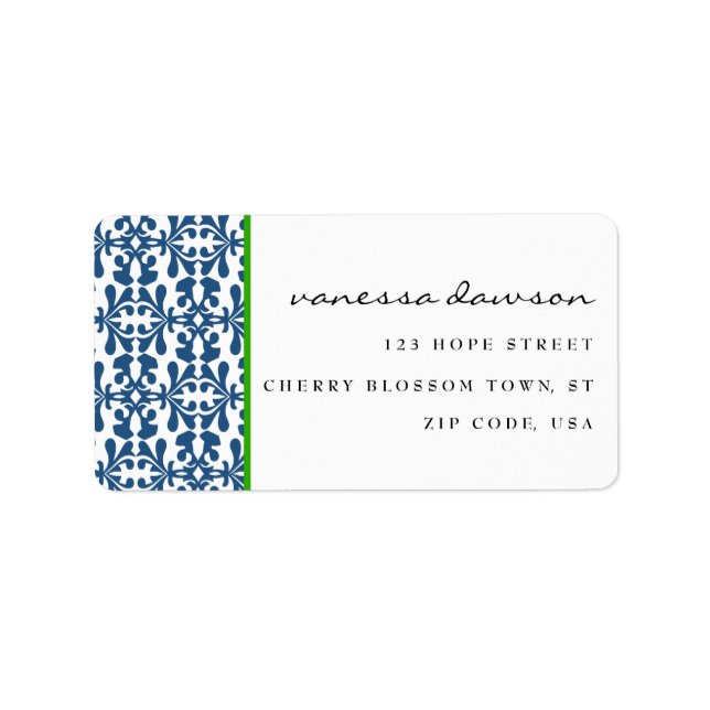 Modern Elegant Blue Arabesque Damask Personalized Label (Front)