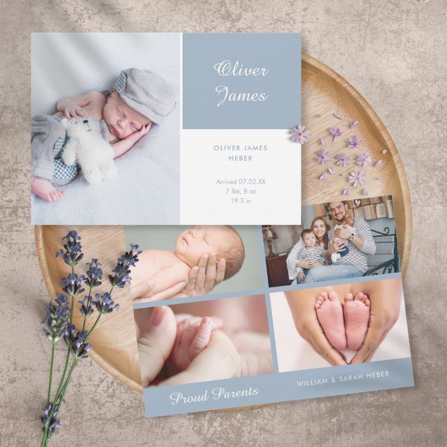 Modern Elegant Blue Baby Boy Script Photo Birth Announcement (Creator Uploaded)