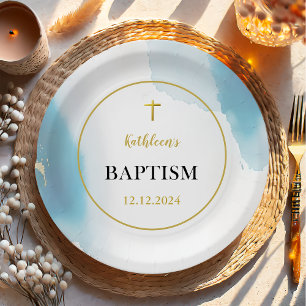 Modern Elegant Blue Baptism Paper Plate