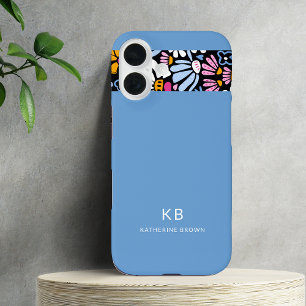 Modern Elegant Blue Black Floral Pattern  iPhone 16 Case