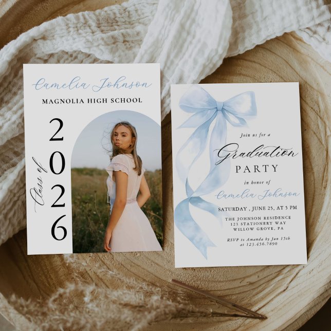 Modern Elegant Blue Bow Arch Photo Graduation Invitation (Creator Uploaded)