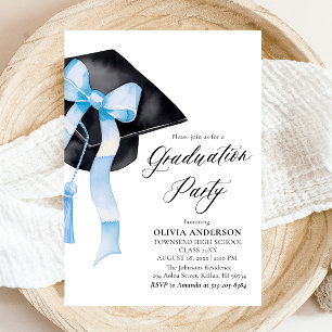 Modern Elegant Blue Bow Graduation Cap Graduation Invitation