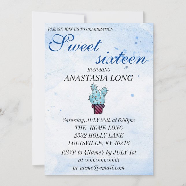 Modern, Elegant Blue Cactus Save The Date (Front)
