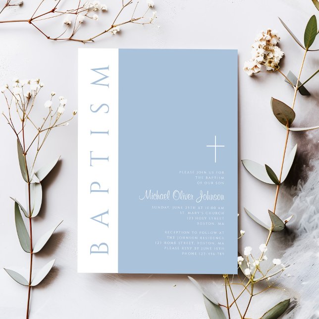 Modern Elegant Blue Cross Boy Baptism  Invitation (Modern Elegant Blue Cross Boy Baptism Invitation)
