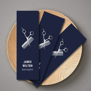 Modern Elegant Blue Faux Silver Scissor Comb Mini Business Card