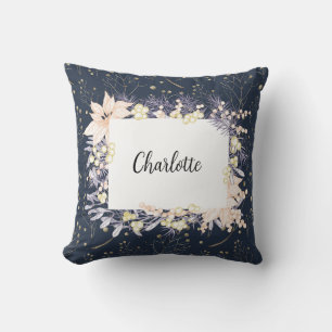 Modern Elegant Blue Floral Christmas Throw Pillow