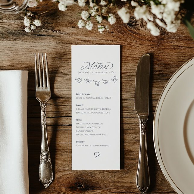 Modern elegant blue flying birds table menu (Wedding reception dinner menu with simple text and pretty flying birds framing the top.)