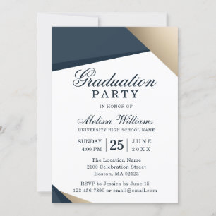 Modern Elegant Blue Gold Graduation Party Invitation