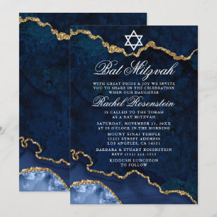 Modern Elegant Blue Gold Marble Geode Bat Mitzvah Invitation