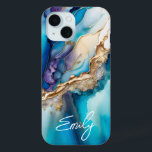 Modern Elegant Blue Gold Marble Personalized Name iPhone 15 Case<br><div class="desc">Modern Elegant Blue Gold Marble Personalized Name iPhone 15 Cases features your personalized name in an elegant calligraphy script typography on a modern blue and gold marble background. Perfect gift for her for birthday,  mom for Mother's Day,  sister or bestie for Christmas and holidays. Designed by ©Evco Studio www.zazzle.com/store/evcostudio</div>