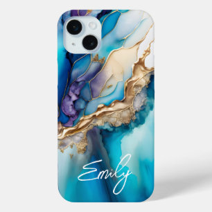 Modern Elegant Blue Gold Marble Personalized Name iPhone 15 Mini Case